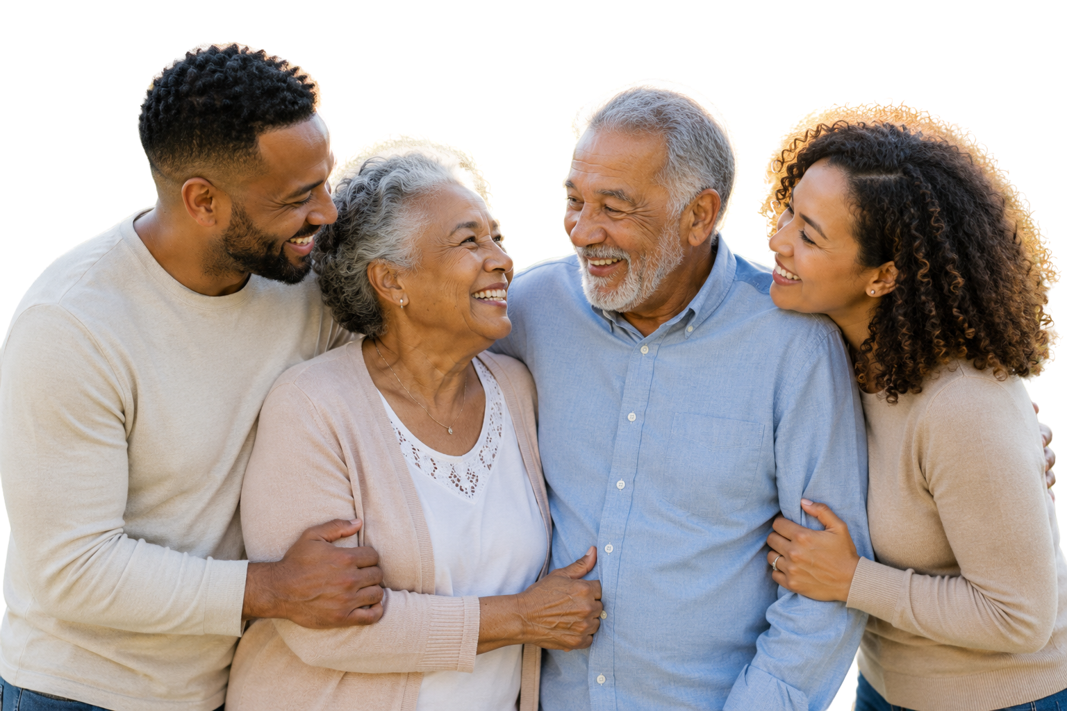 Adult children embracing their aging parents, representing family caregiving support and guidance